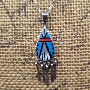 Zuni Sterling Silver Inlay Turquoise MOP Coral Onyx Pendant Necklace 925 2 Inch